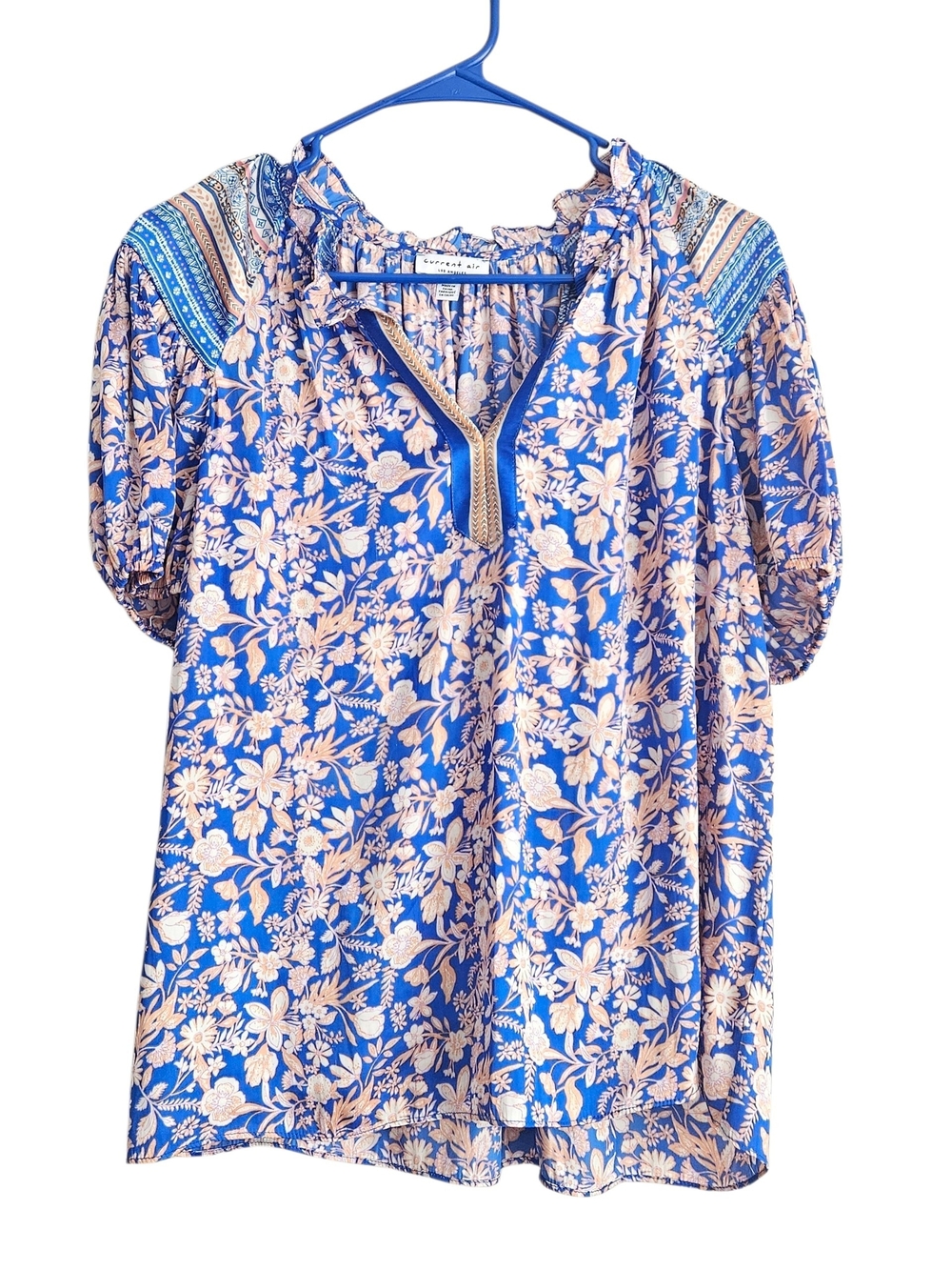 Current Air Blue Floral Peasant Blouse with Cream Print Size S